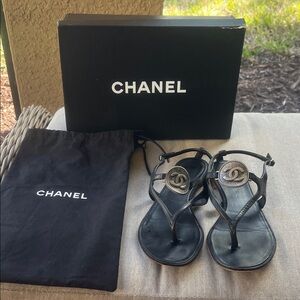 CHANEL Black Leather Sandals with Iconic Logo